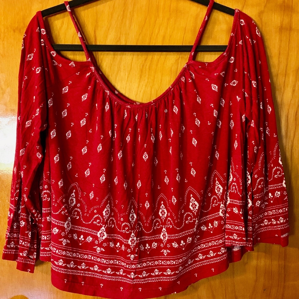 Red, open shoulder trendy top with bell sleeves
